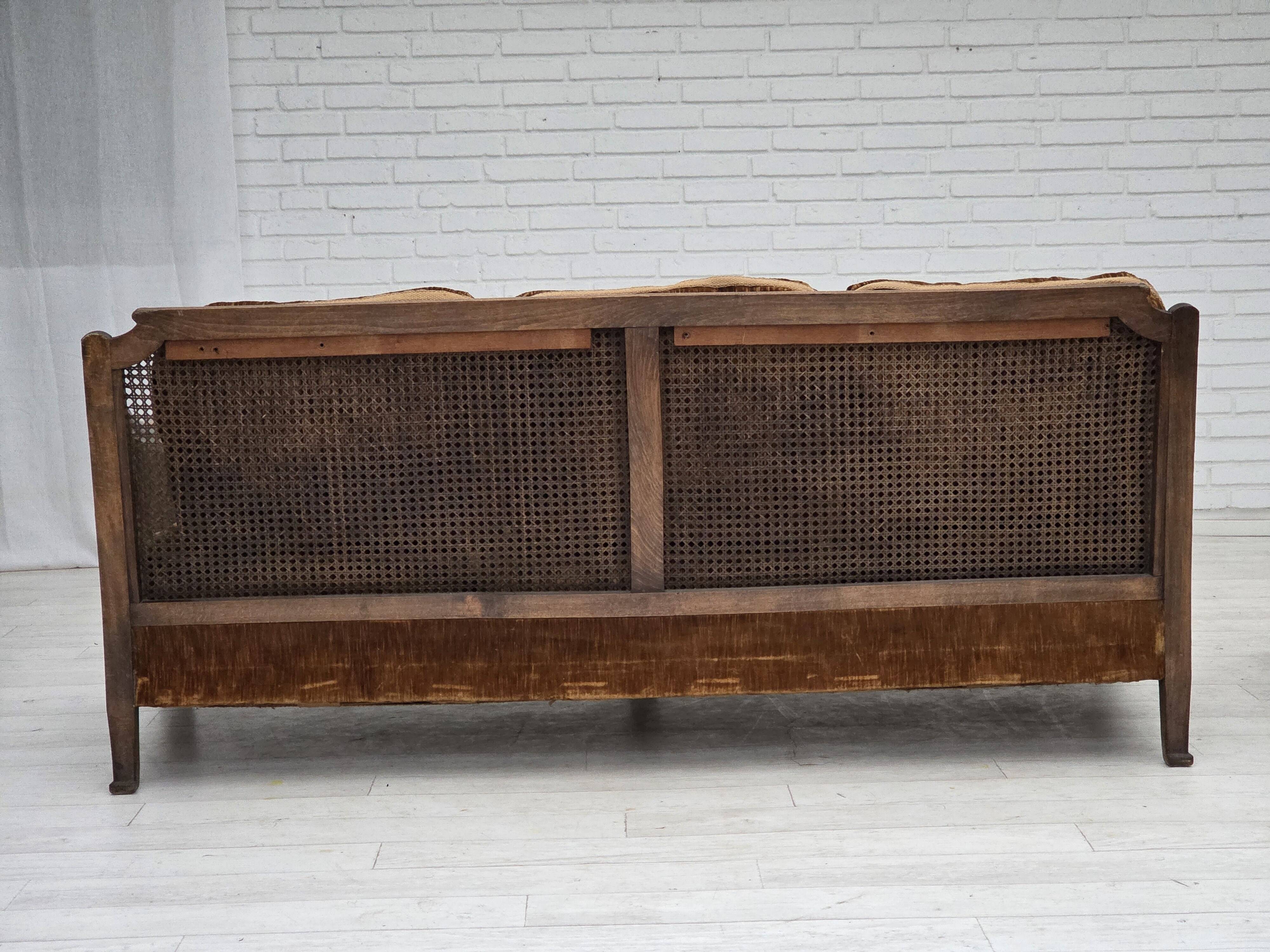 1930-35s, Danish 3-seater sofa, furniture velour, furniture mesh, ash wood.