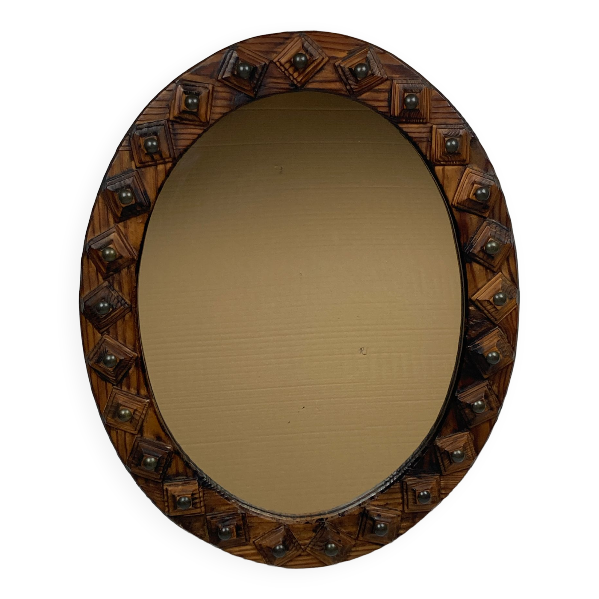 Midcentury brutalist handmade wooden mirror, Belgium 1960s