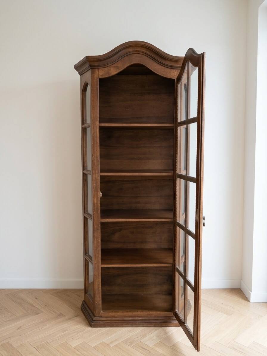 Antique display cabinet in rustic style made of solid wood.