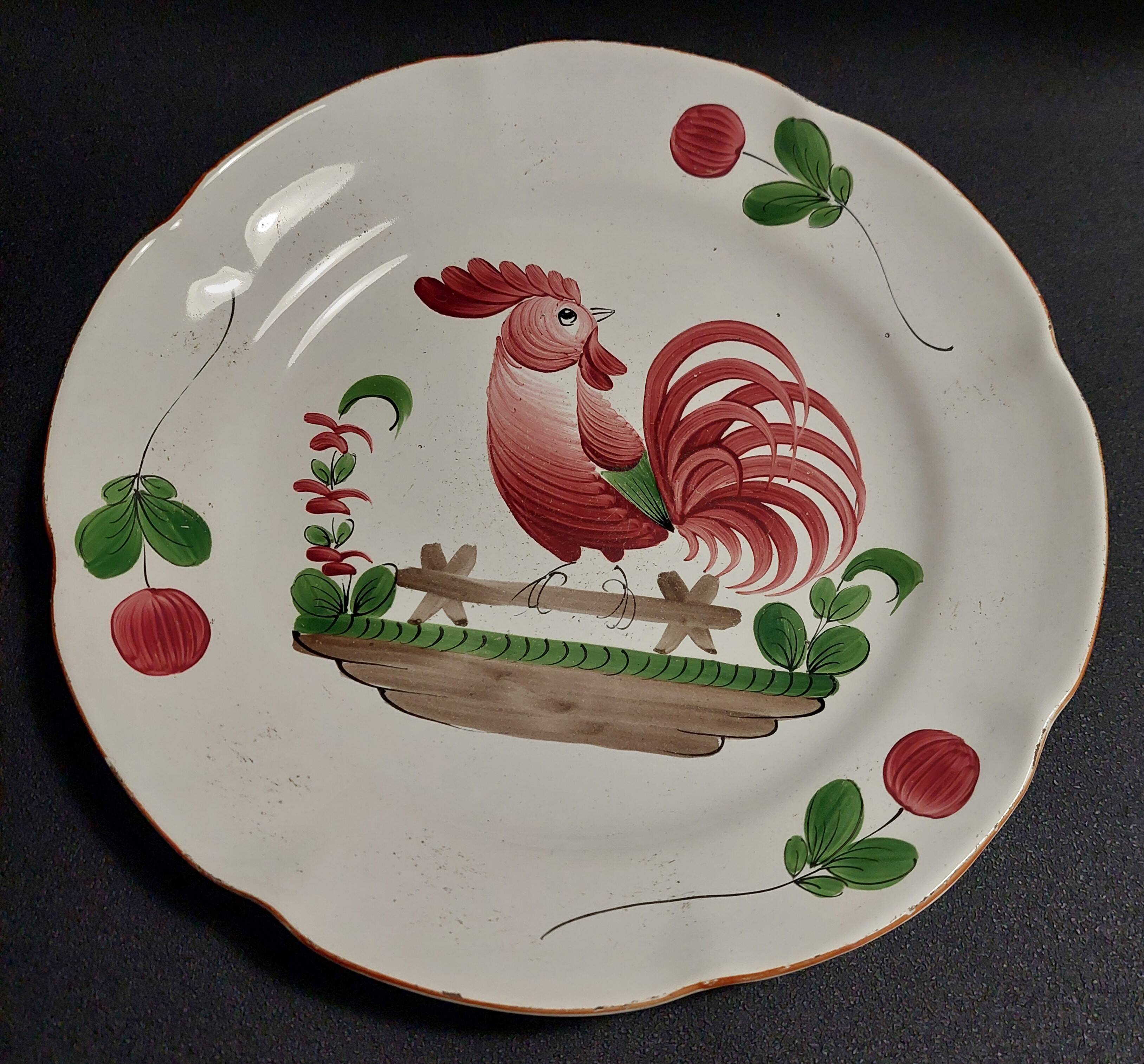 Earthenware plate with rooster and cherry decor, Hadancourt art earthenware factory, Milie