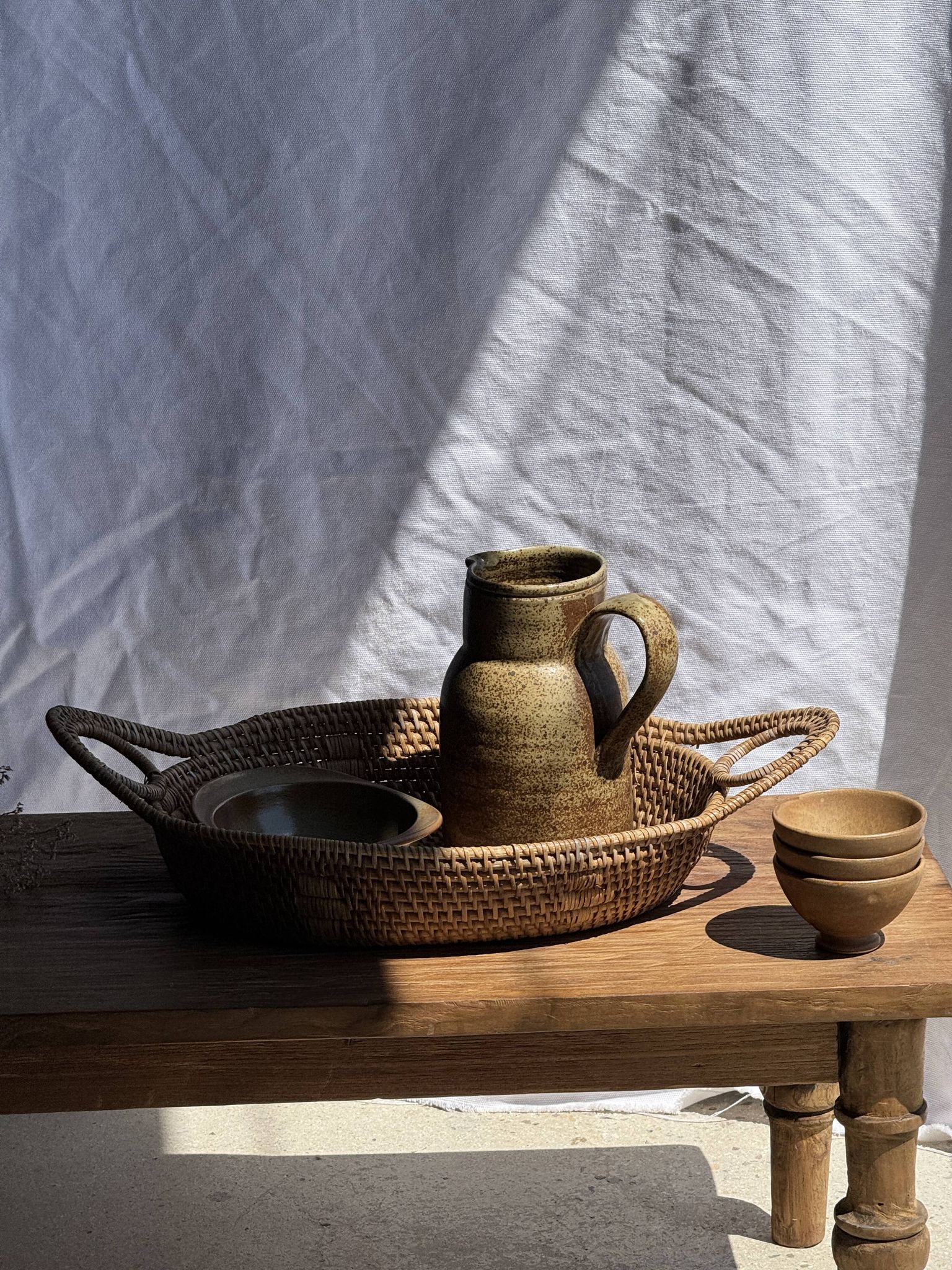 Large flat oval woven rattan basket with handles, Indonesian L53x64