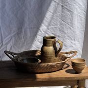Large flat oval woven rattan basket with handles, Indonesian L53x64