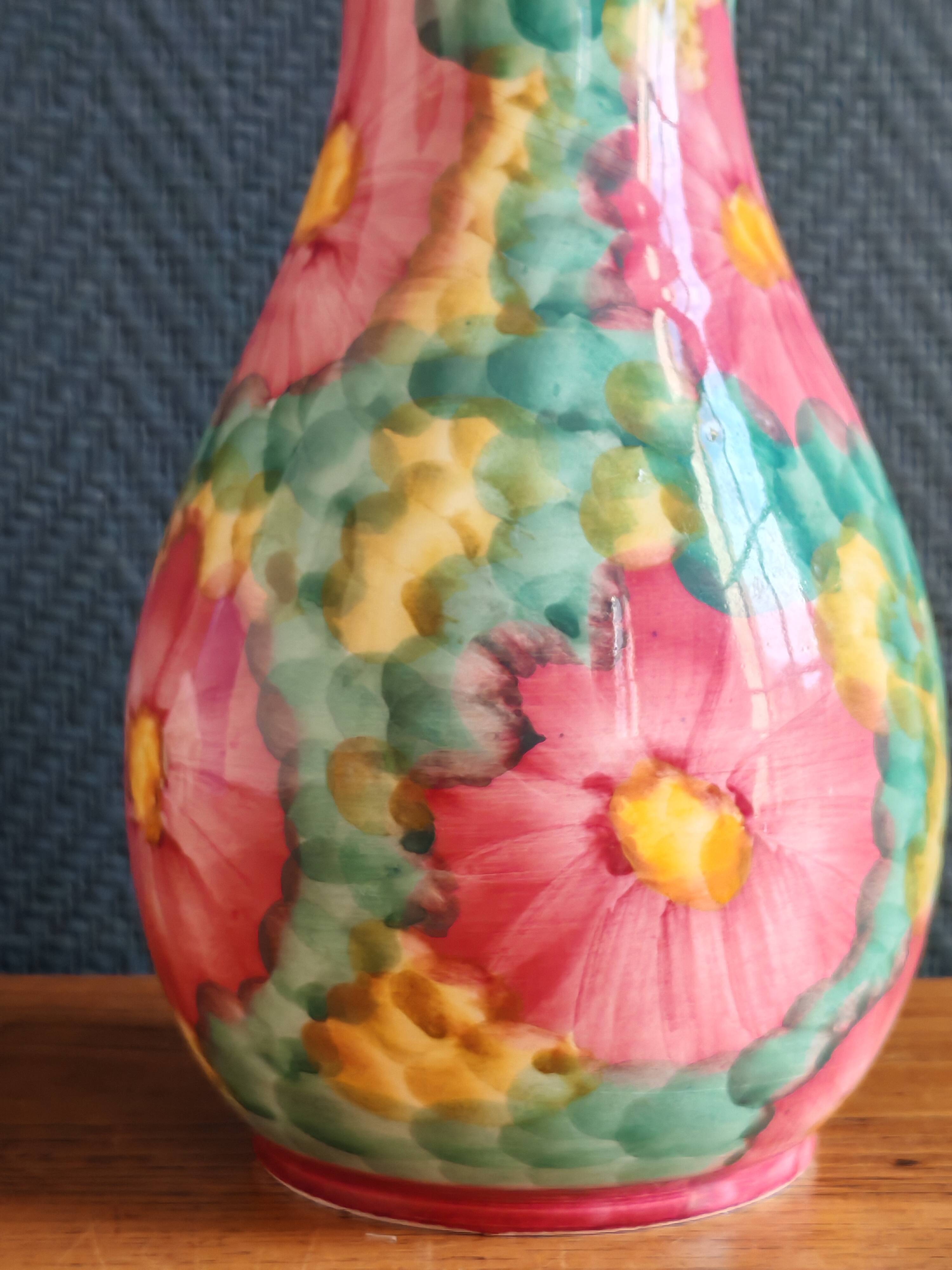 Vintage Floral Ceramic Vase - Large Barbotine Vase with Pink Flowers