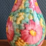 Vintage Floral Ceramic Vase - Large Barbotine Vase with Pink Flowers