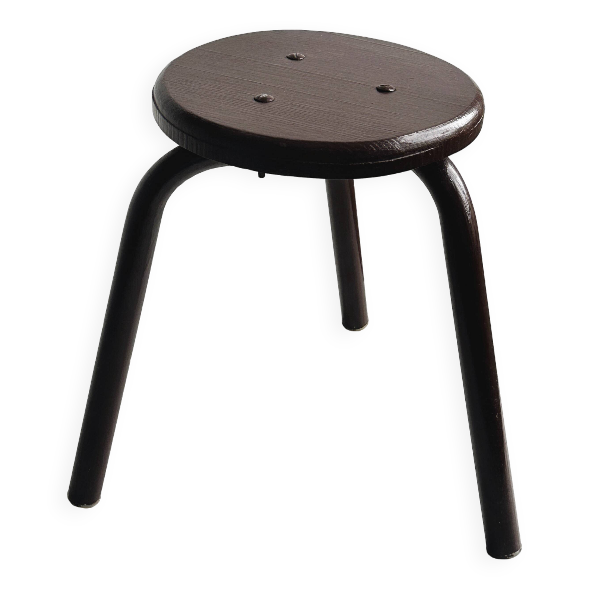 Dark brown metal stool, minimalist three-legged design