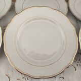 Set of 6 small white porcelain dinner plates with gold trim