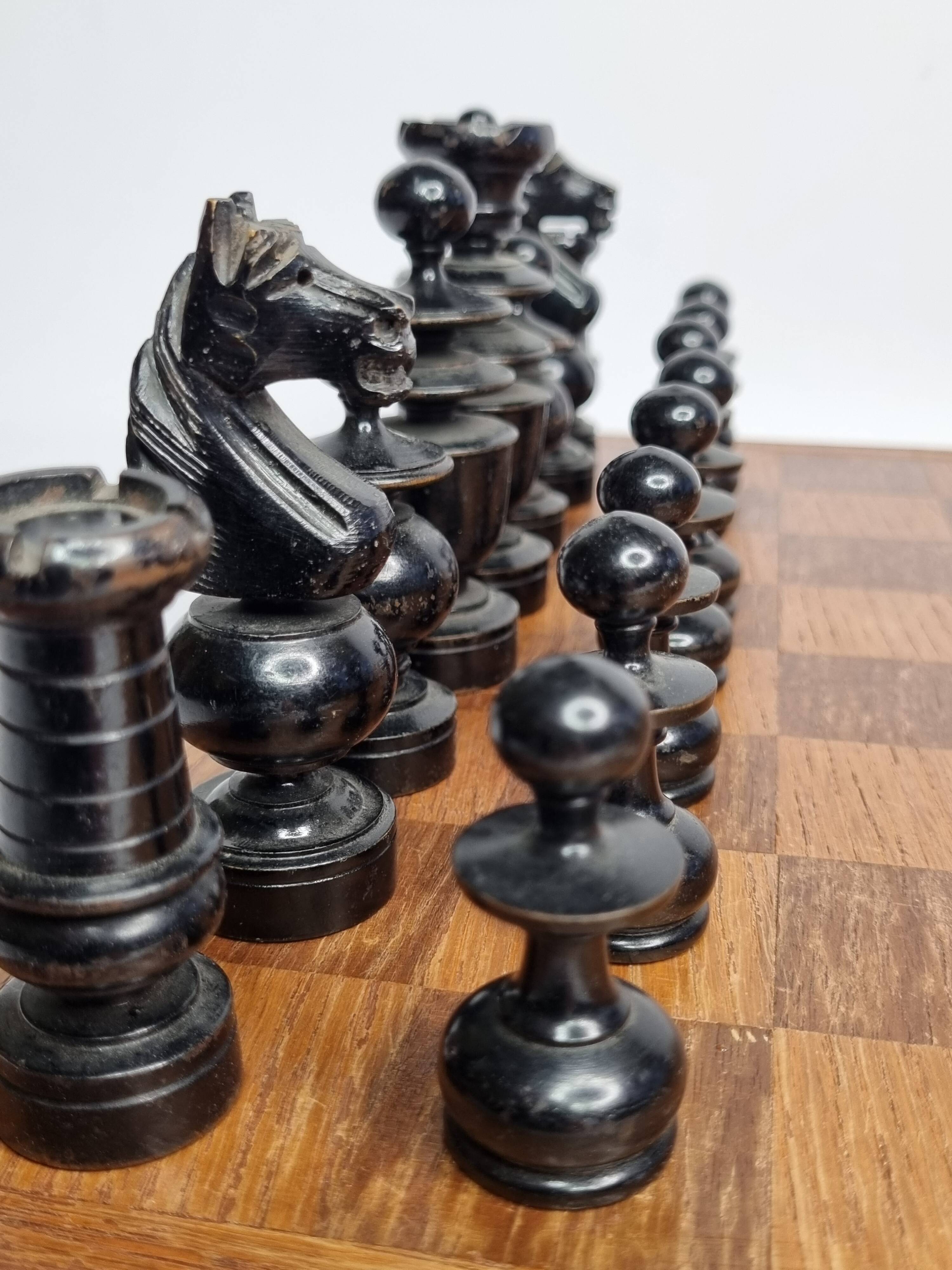 Vintage Solid Wood Folding Chess Set, Regency Bistro Style, Carved Turned Wood Pieces