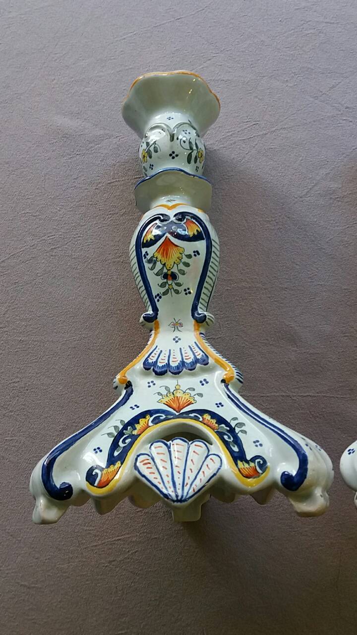 Old pair of candlesticks, earthenware, décor Rouen