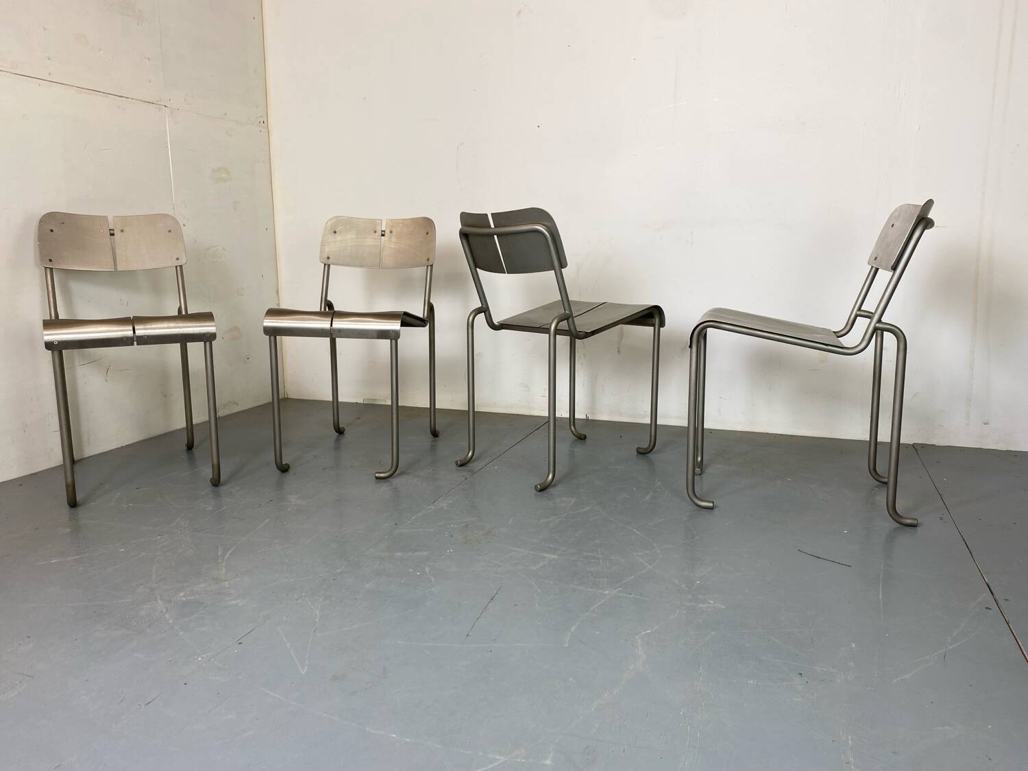 Memphis Architectural Stainless Steel French Dining Chairs, 1980s Set of 4