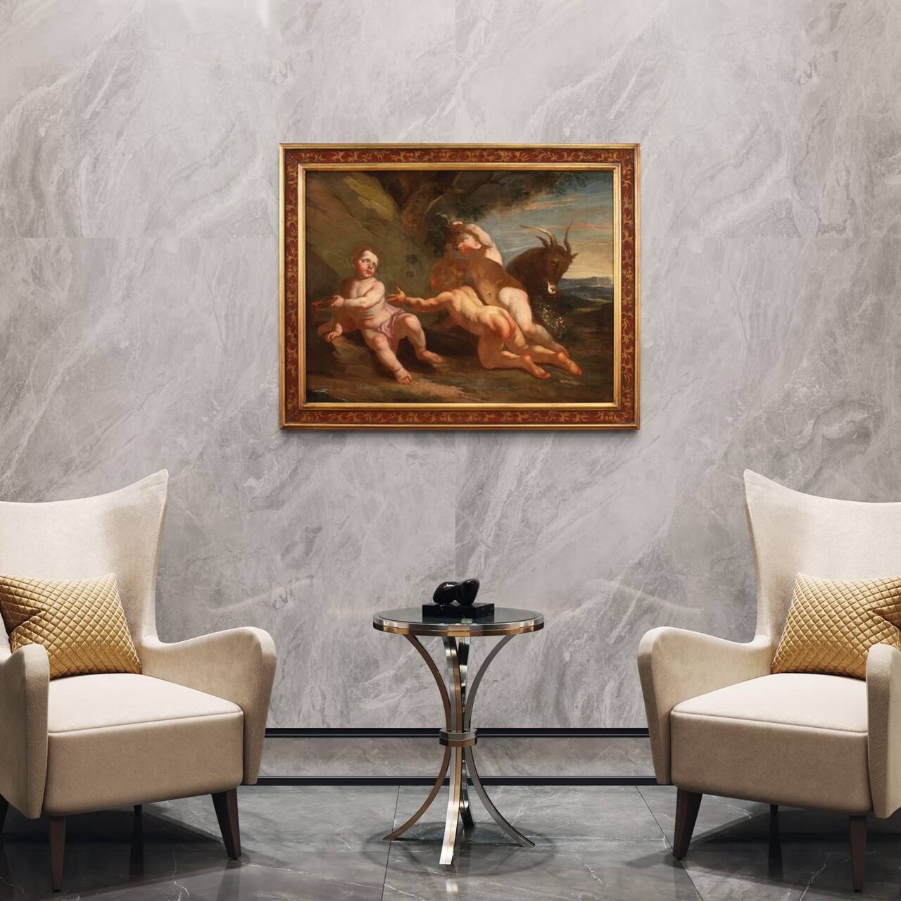 Antique Italian painting from the 17th century, bacchanal of cherubs