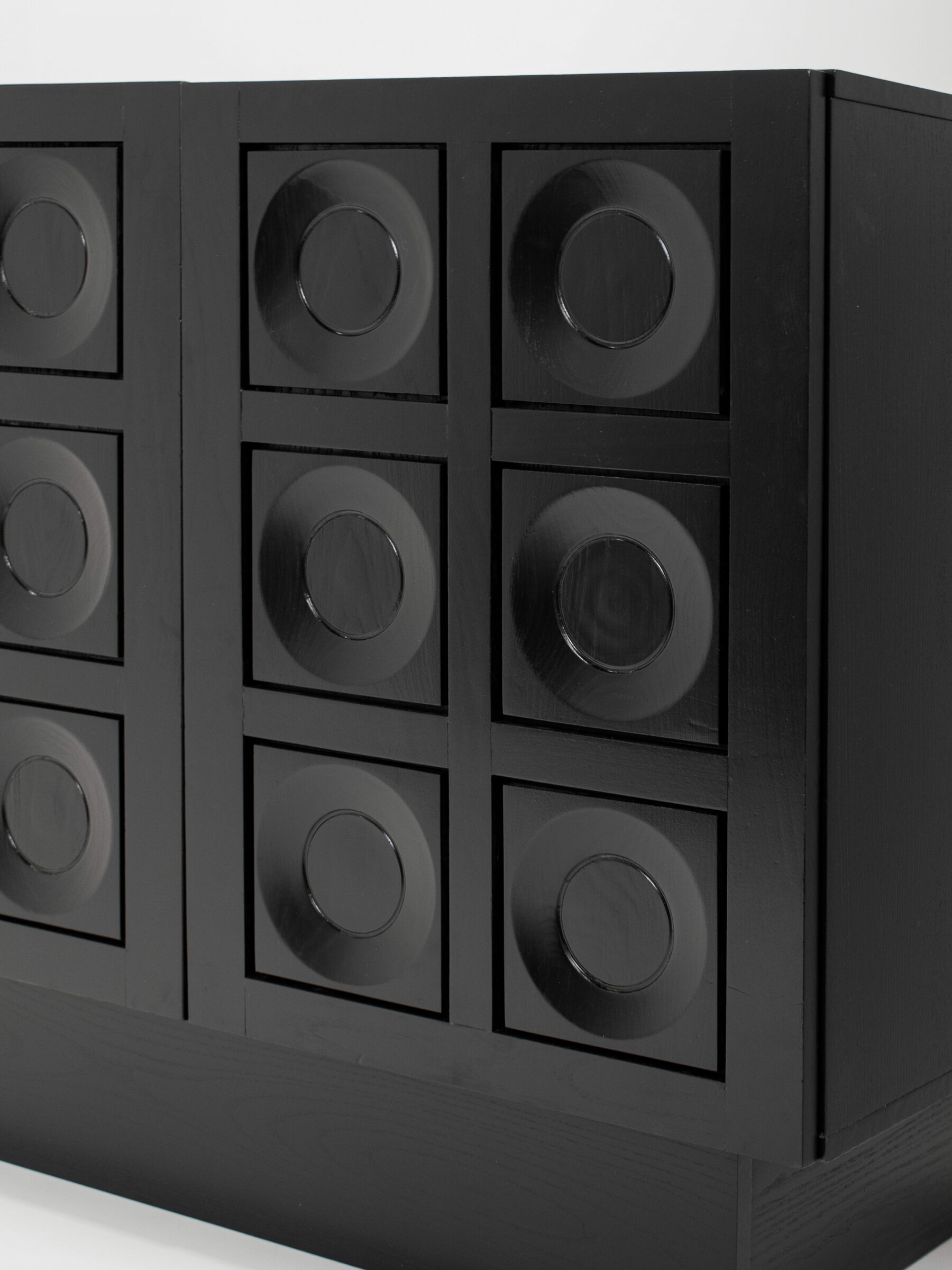 Black brutalist sideboard with graphic patterned doors, belgium 1970s