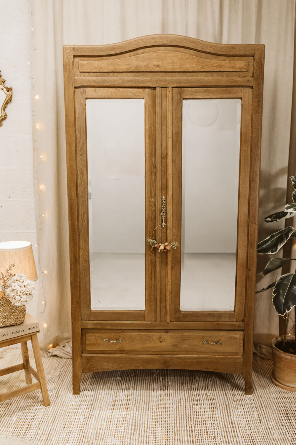 Antique oak wardrobe with mirror – fully restored
