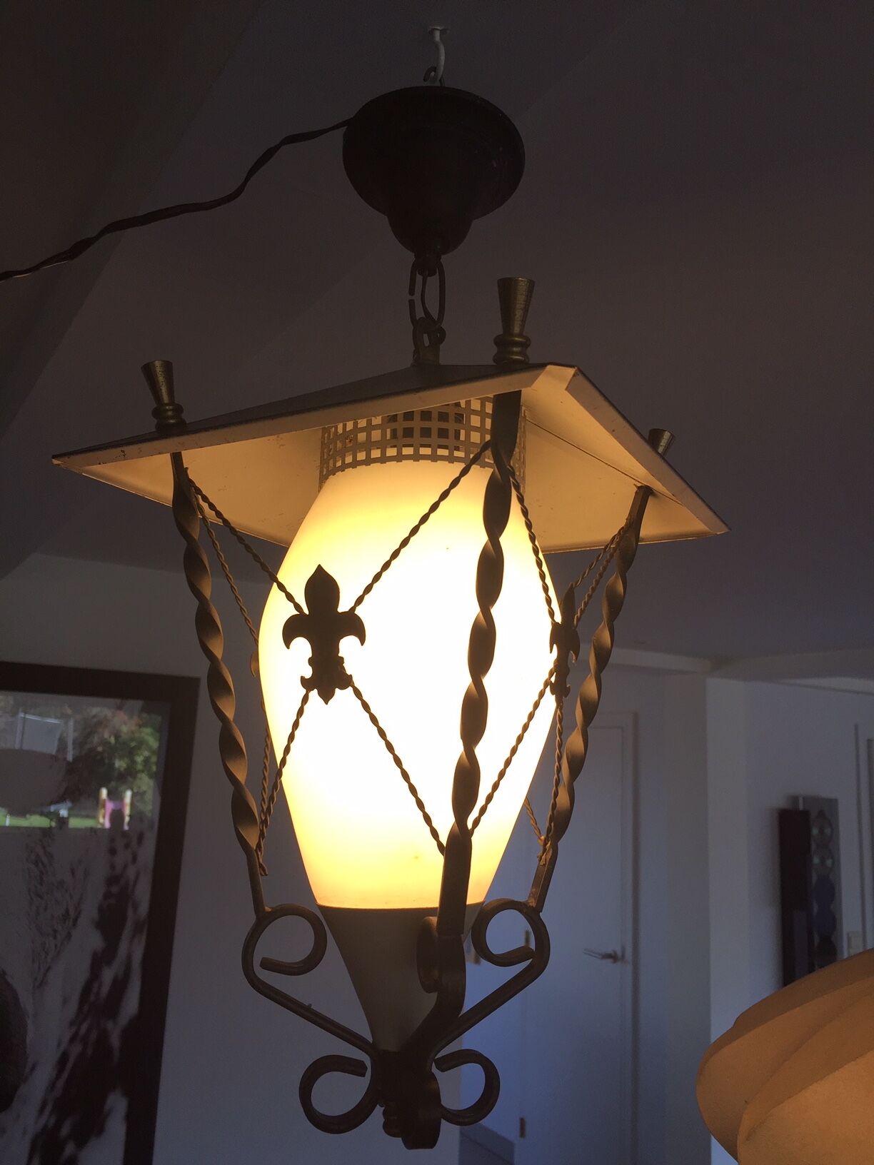 lantern in forged iron, opaline and brass