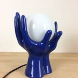 Blue ceramic hand lamp 70s and globe opaline