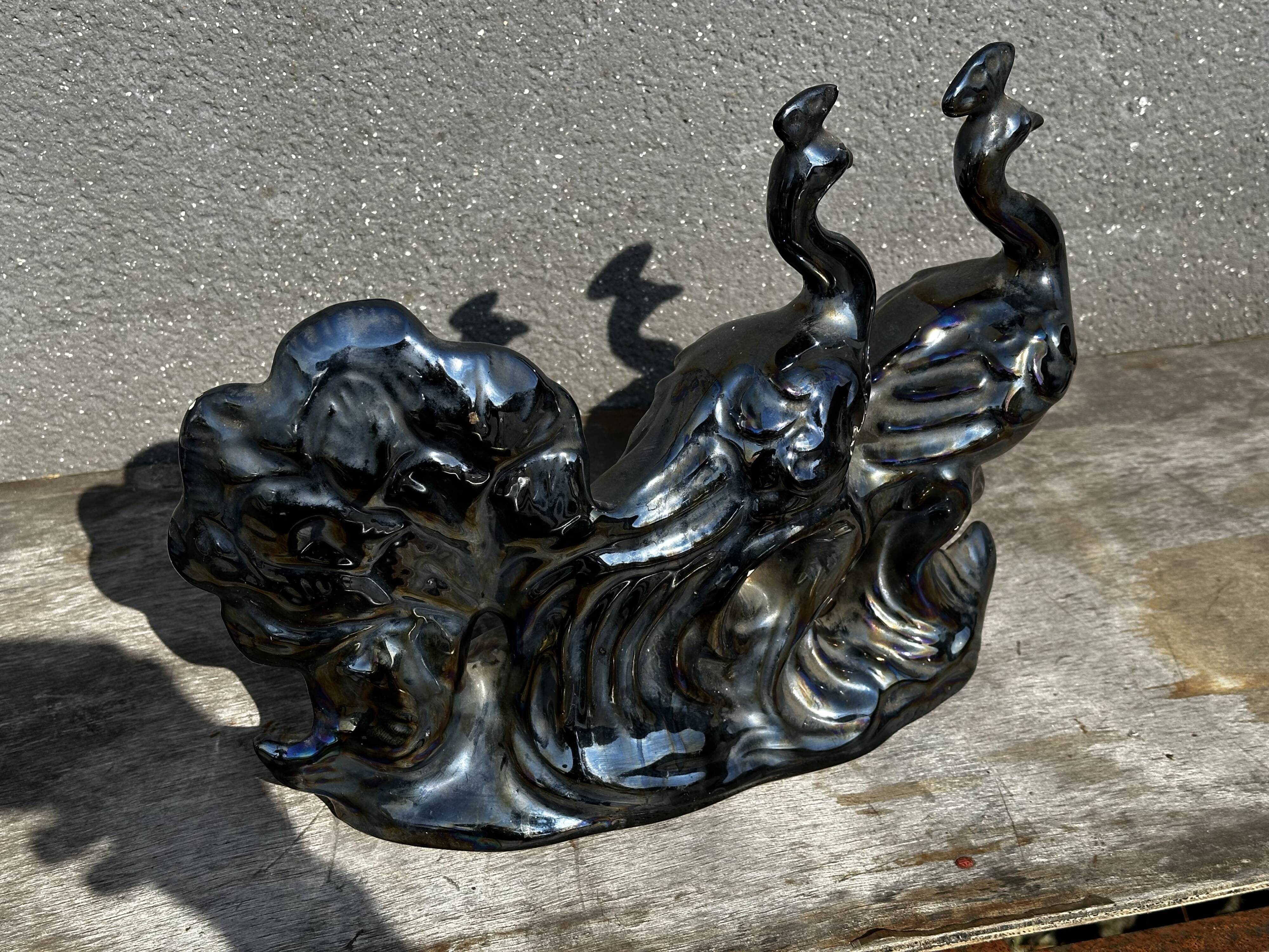 Centerpiece Pair of Peacocks Ceramic Vallauris Iridescent Anthracite Grey