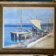 Old painting "Marine with boats" signed Marie Piat, 1930s-40s