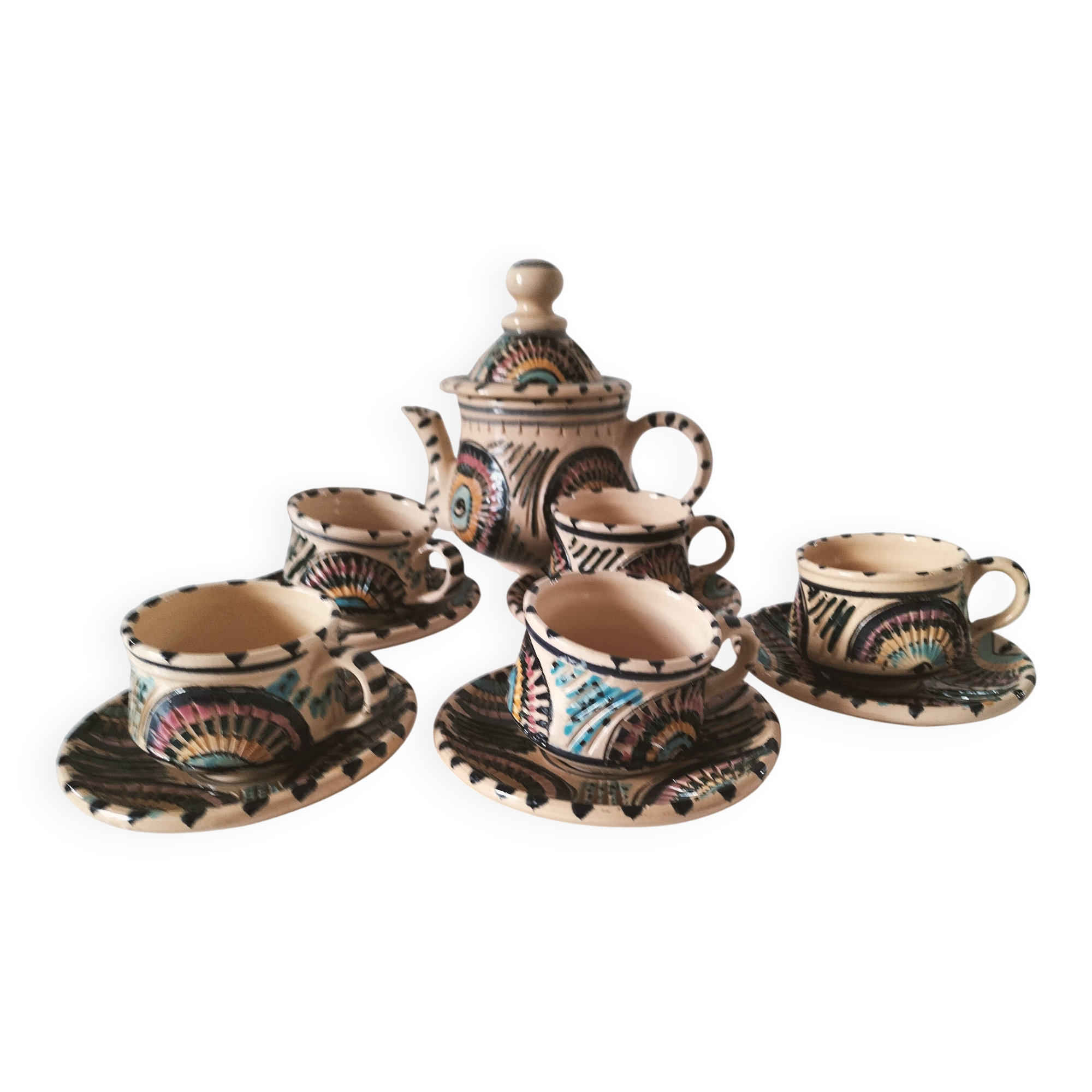 Vintage Moroccan tea set, teapot and 5 cups and saucers