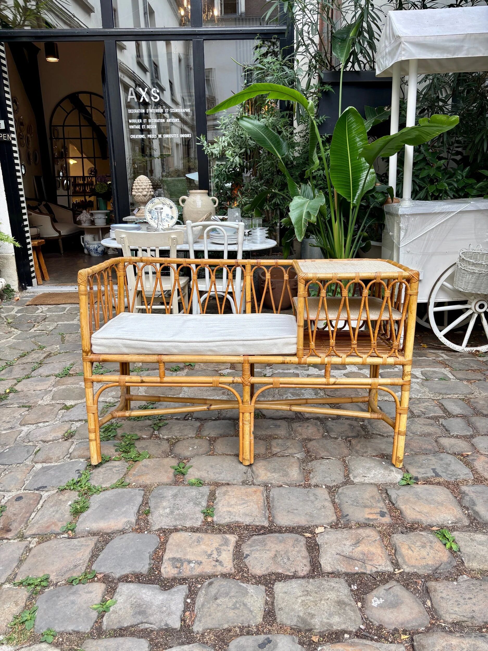 1960s beige rattan and cotton bench