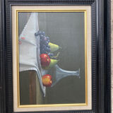 Painting by charles henri colombert - still life: : pears, grapes, apples and pretty carafe.