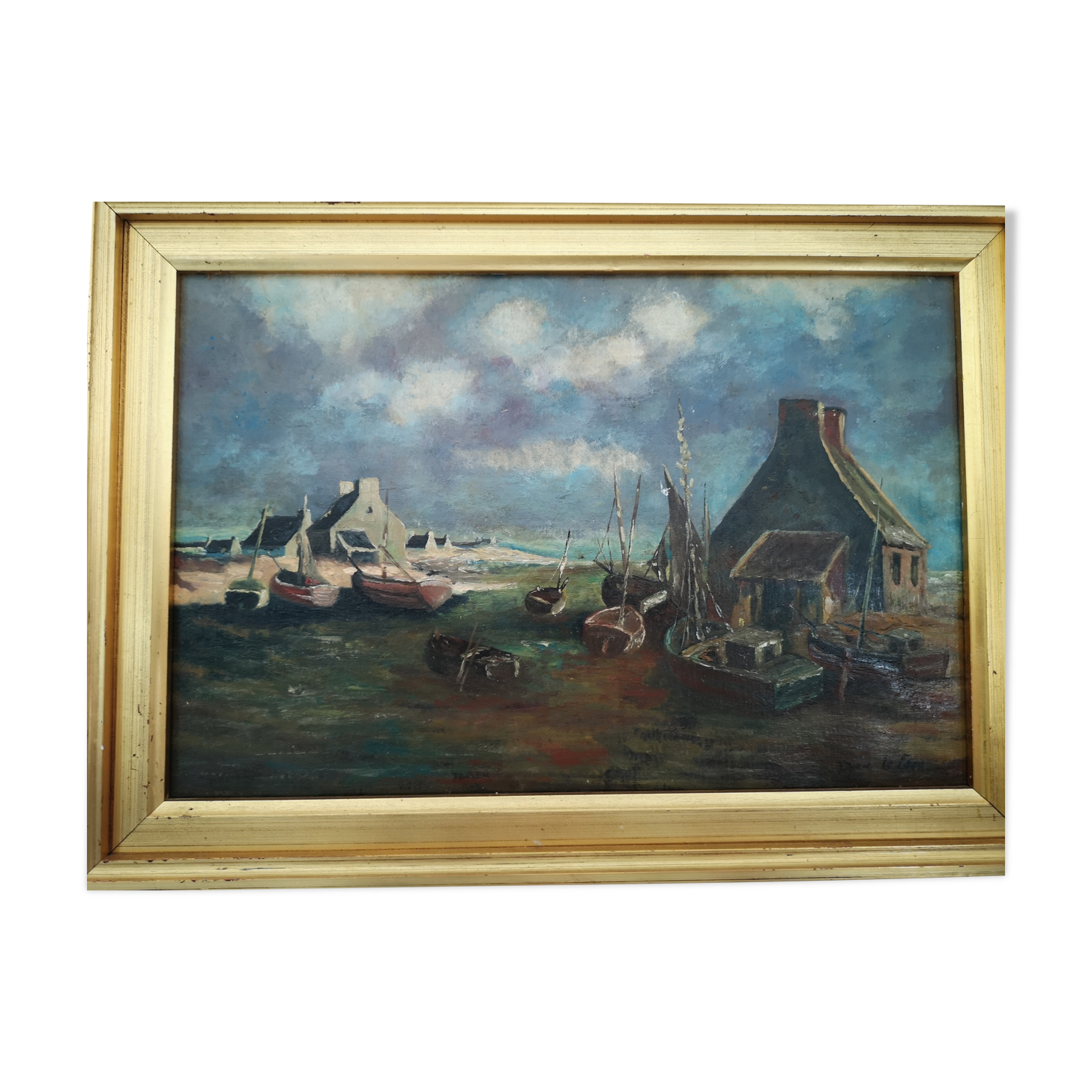 Tableau ancien huile sur toile de  Marine FRANÇAIS XIXe  Signe.