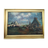Ancient oil painting on canvas by Marine 19th Signe.