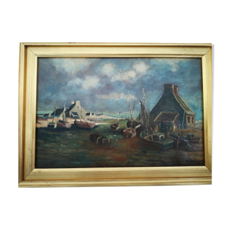 Tableau ancien huile sur toile de  Marine FRANÇAIS XIXe  Signe.