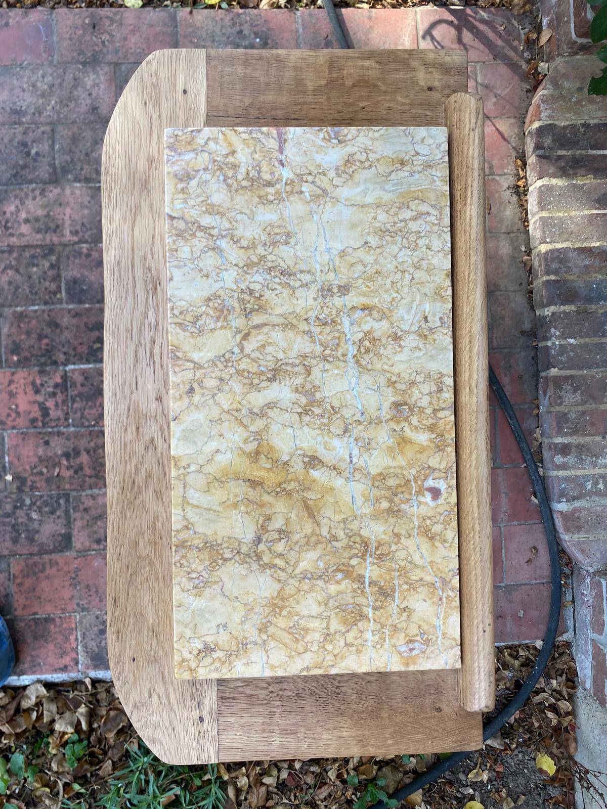Small accent table / Art Deco bedside table in solid oak and beige marble
