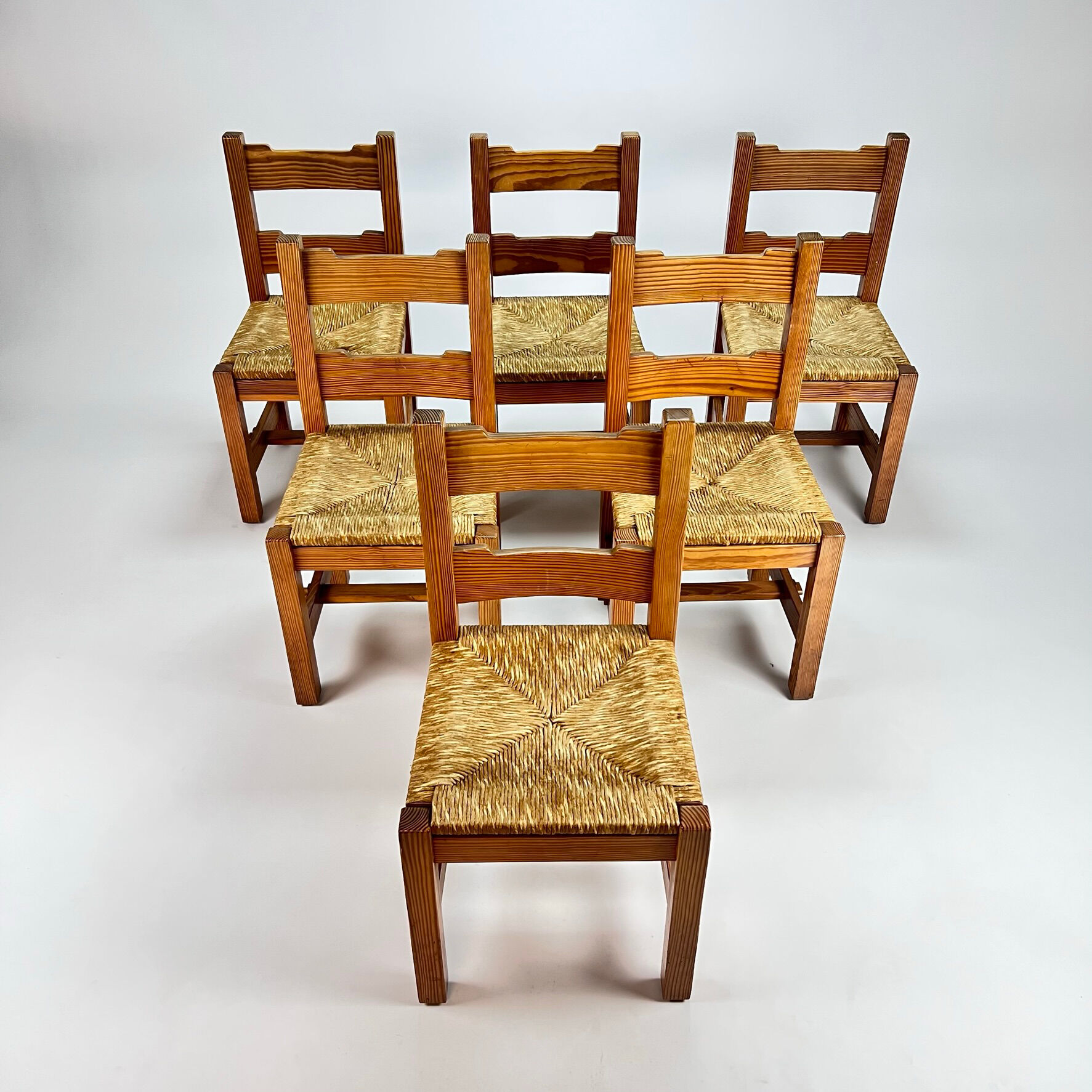 Mid century pine and rush dining chairs, set of 6, 1960s
