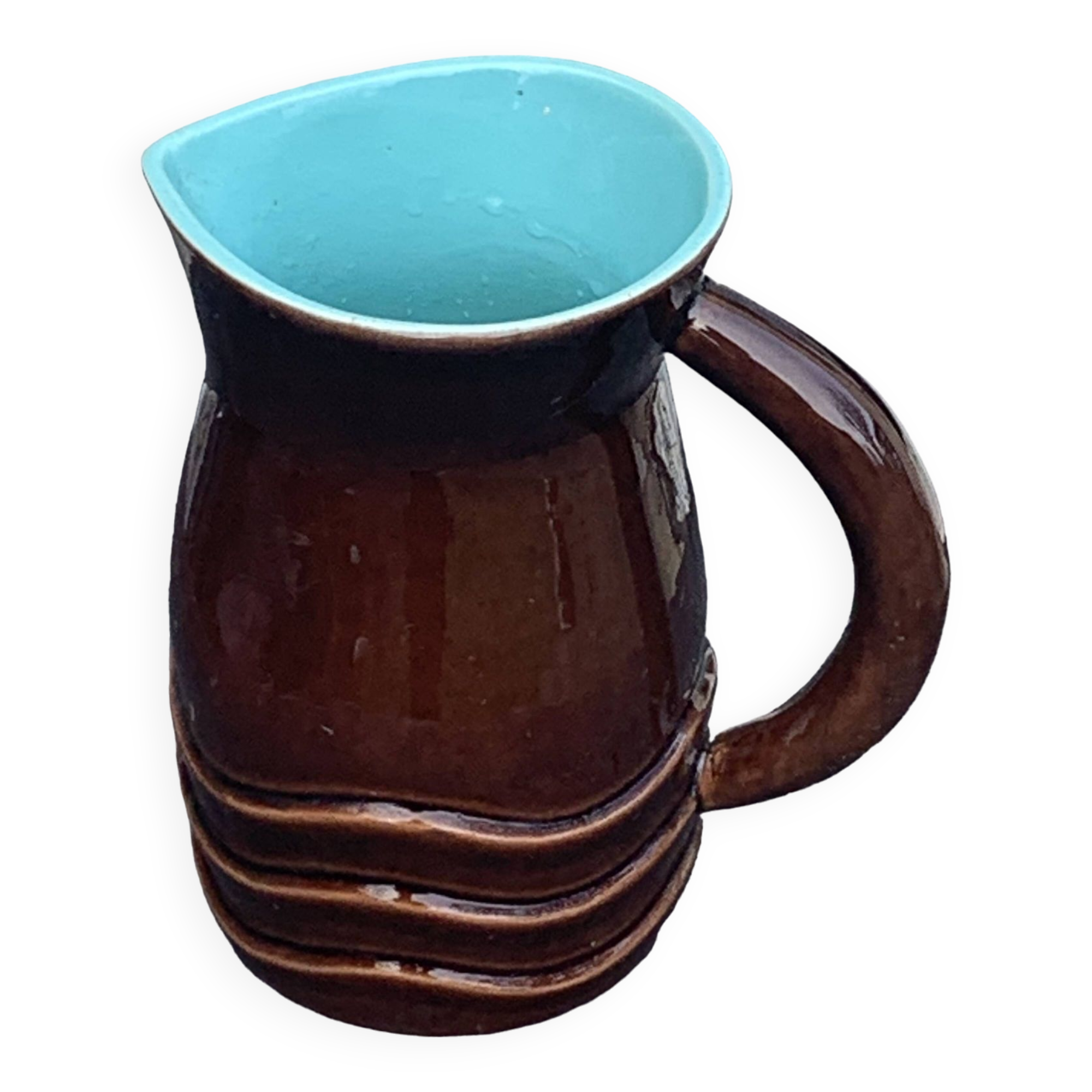 Jug, pitcher, pl france, poet laval, undulate, vintage 1950 in enameled ceramic, brown, turquoise