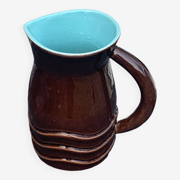 Jug, pitcher, pl france, poet laval, undulate, vintage 1950 in enameled ceramic, brown, turquoise