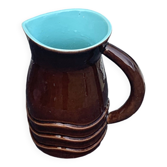 Jug, pitcher, pl france, poet laval, undulate, vintage 1950 in enameled ceramic, brown, turquoise