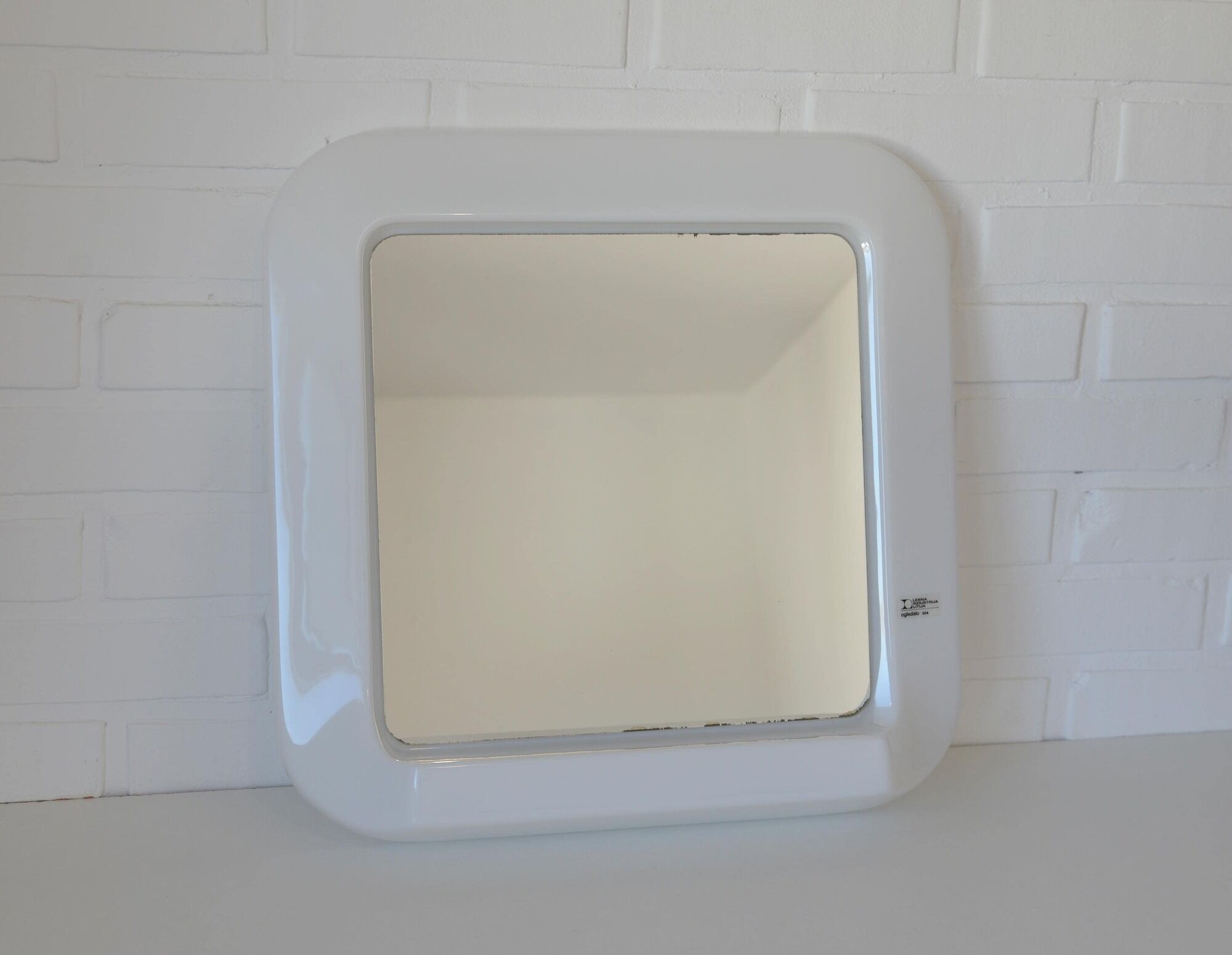 Square Wall Mirror With Shelf / Vintage White Plastic Space Age 1970