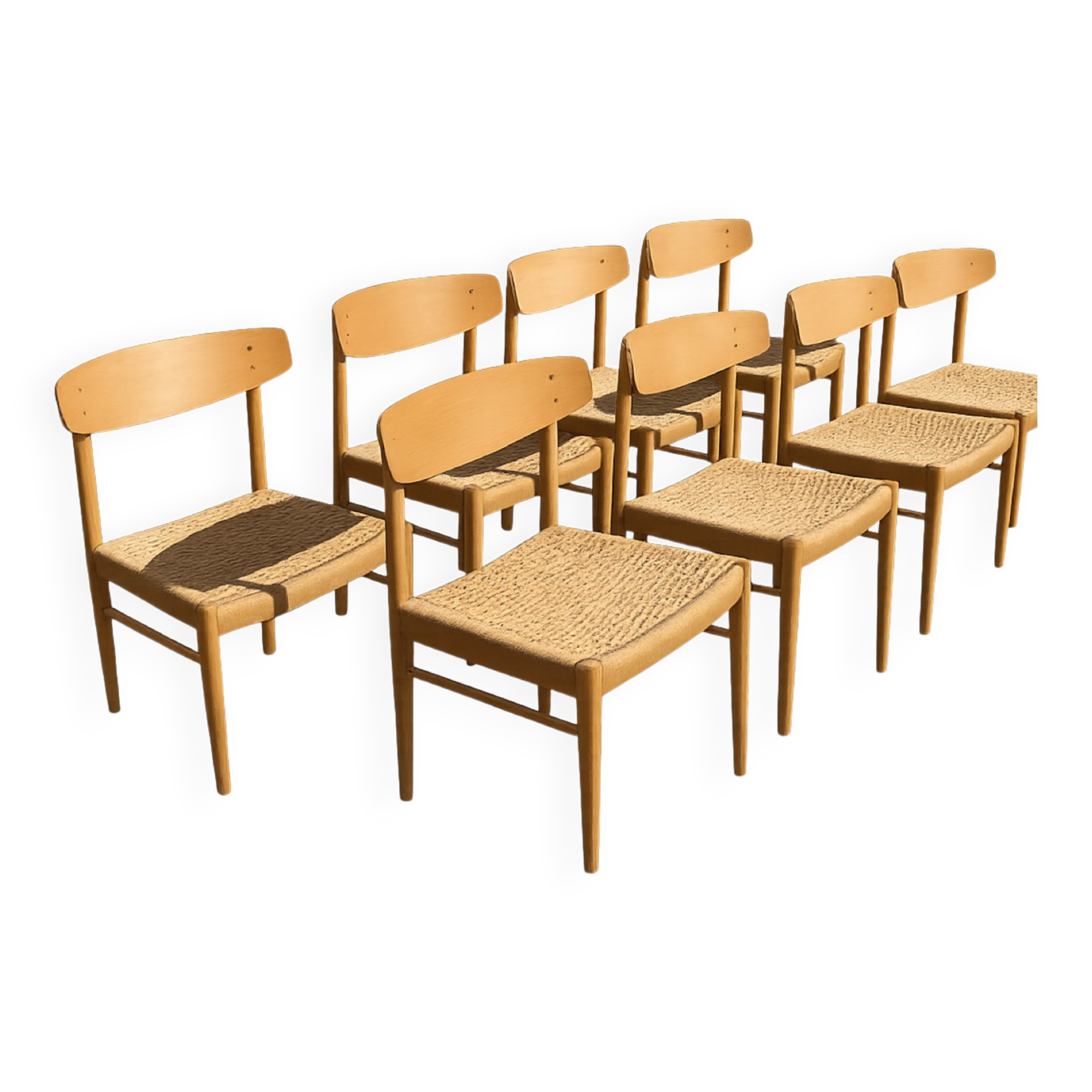 8 dining chairs in oak  w/ paper cord