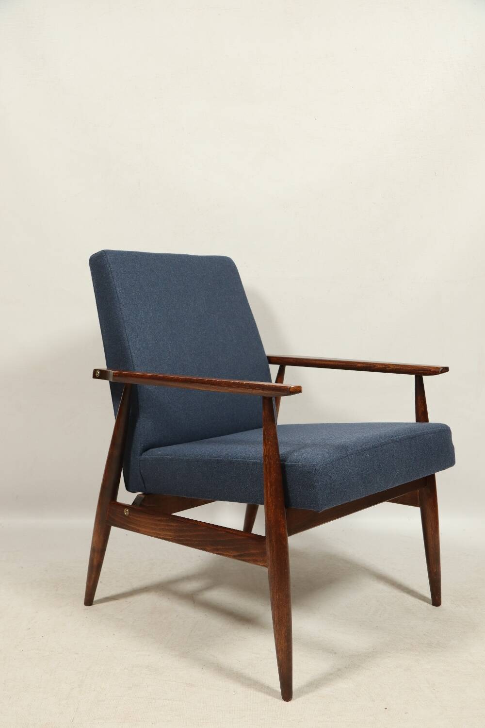 Scandinavian armchair navy blue natural wool dark brown wood design by H.Lis