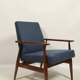Scandinavian armchair navy blue natural wool dark brown wood design by H.Lis