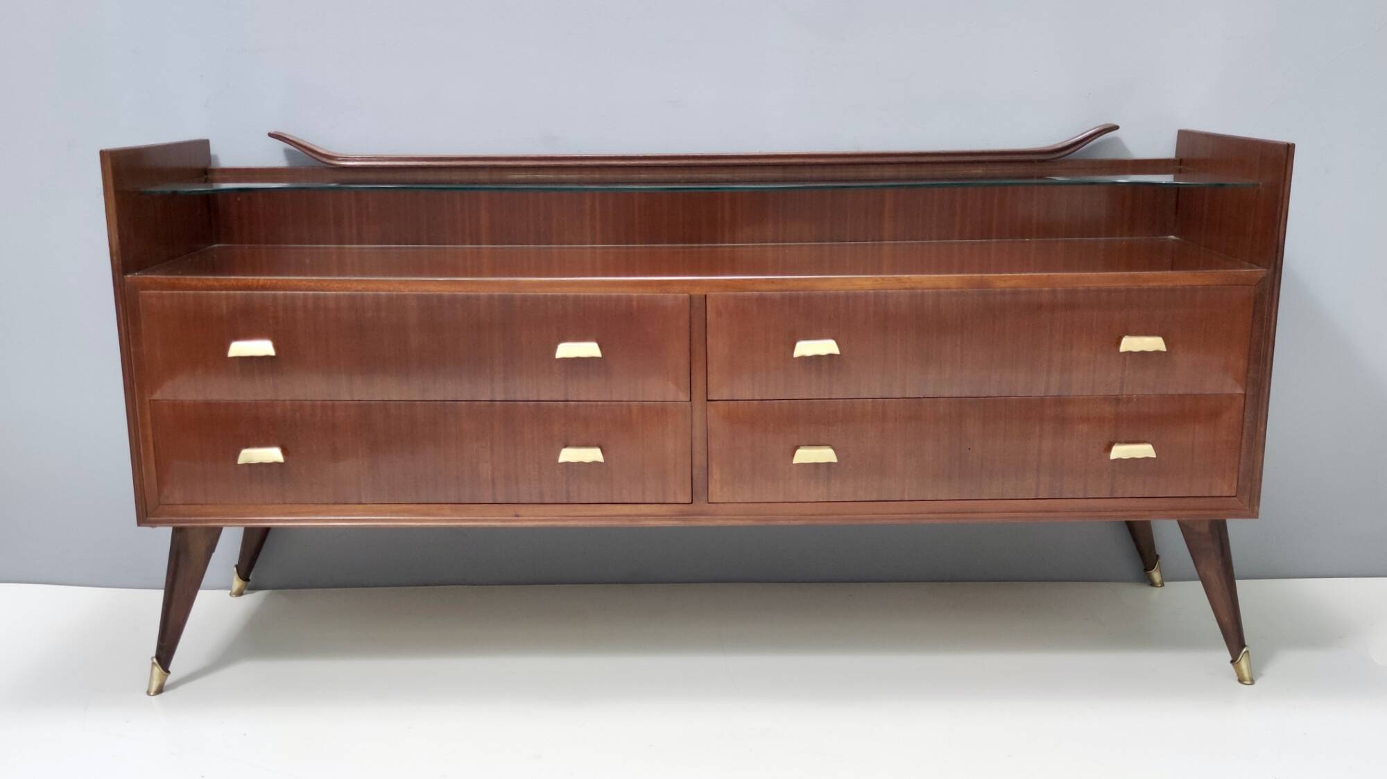 High-Quality Walnut Chest of Drawers with a Thick Glass Top, Italy