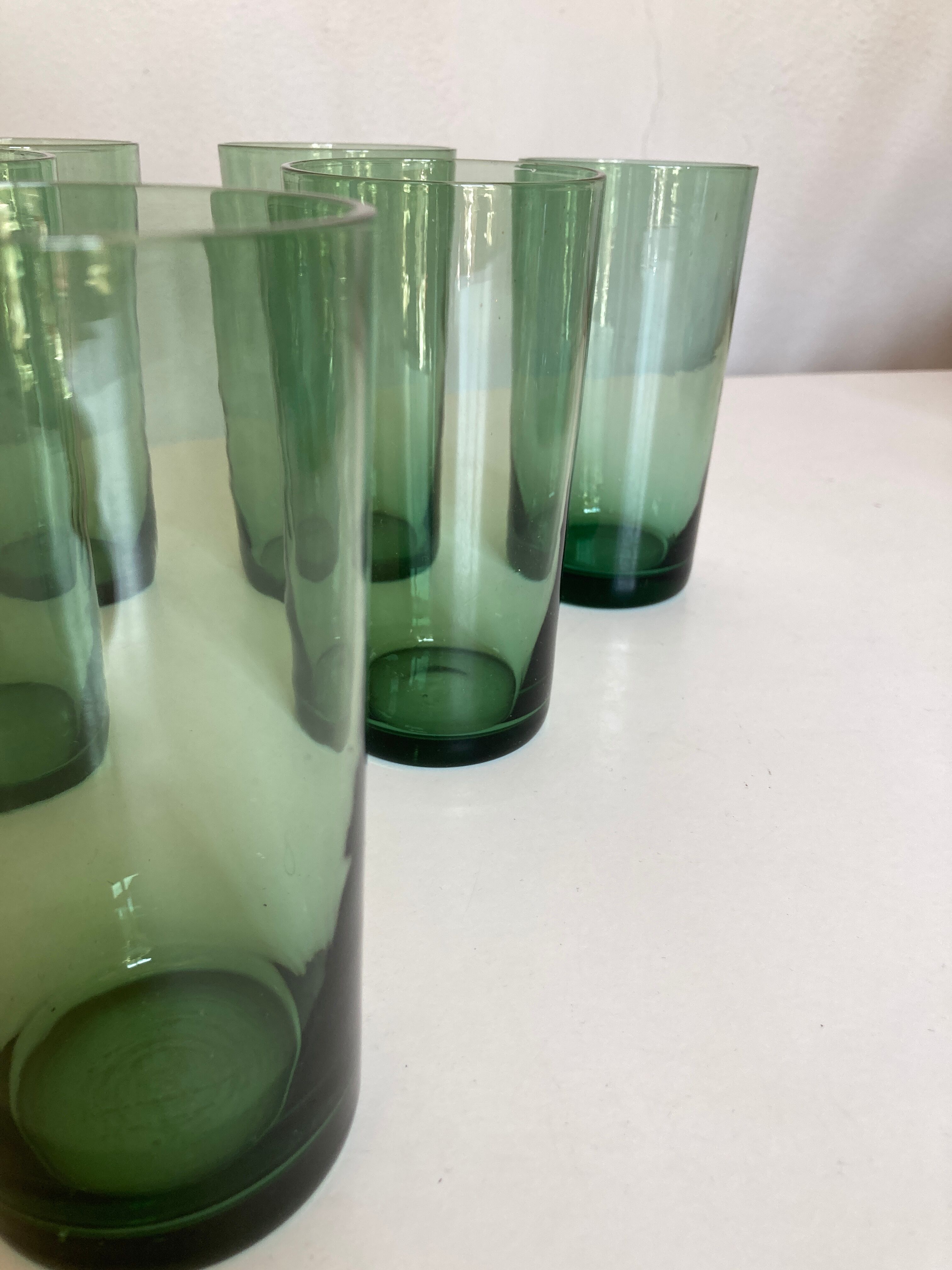 Set 6 glasses green cups blown 1960