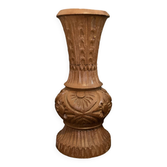 Vase soliflore 18cm en bois tourné gravé main motifs fins sculpté en France vintage ancien