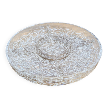 Plat apéritif rond en verre moulé à compartiments