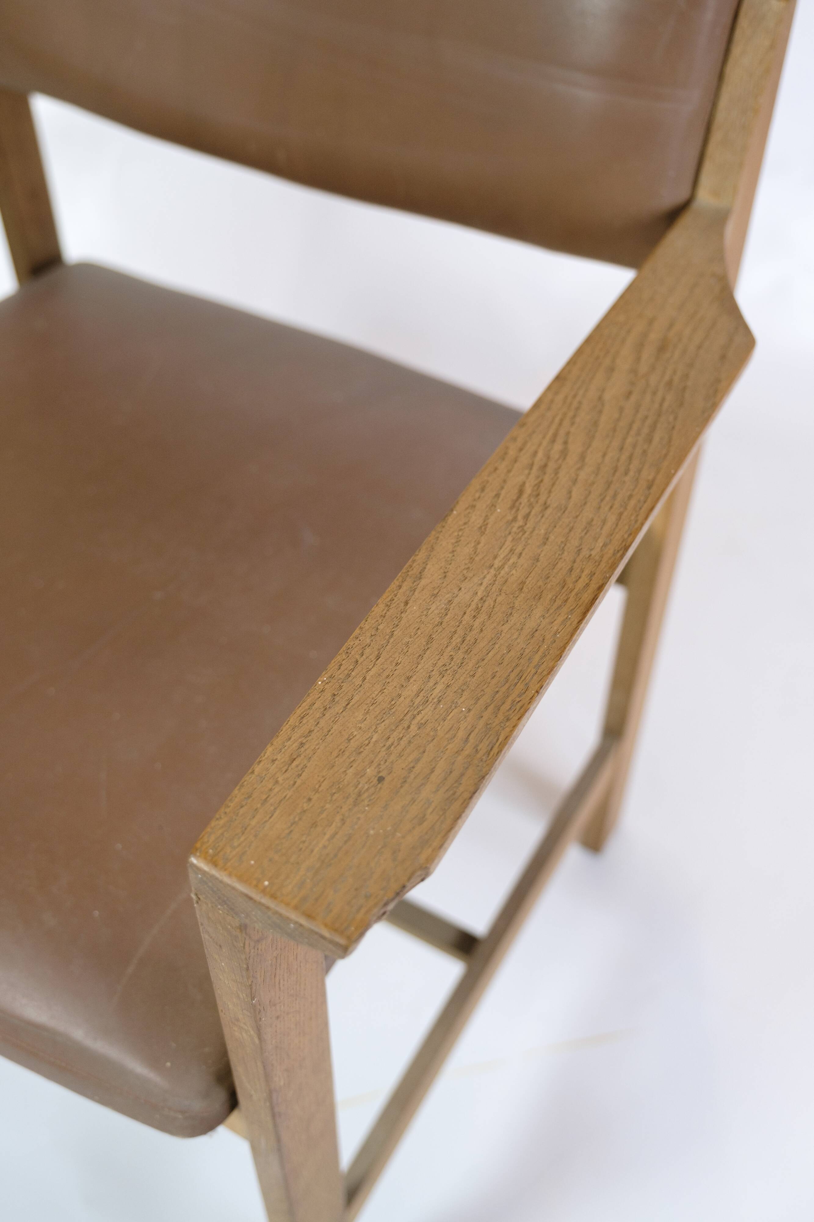 Office Chair Made In Oak & Brown Leather Seat From 1970s