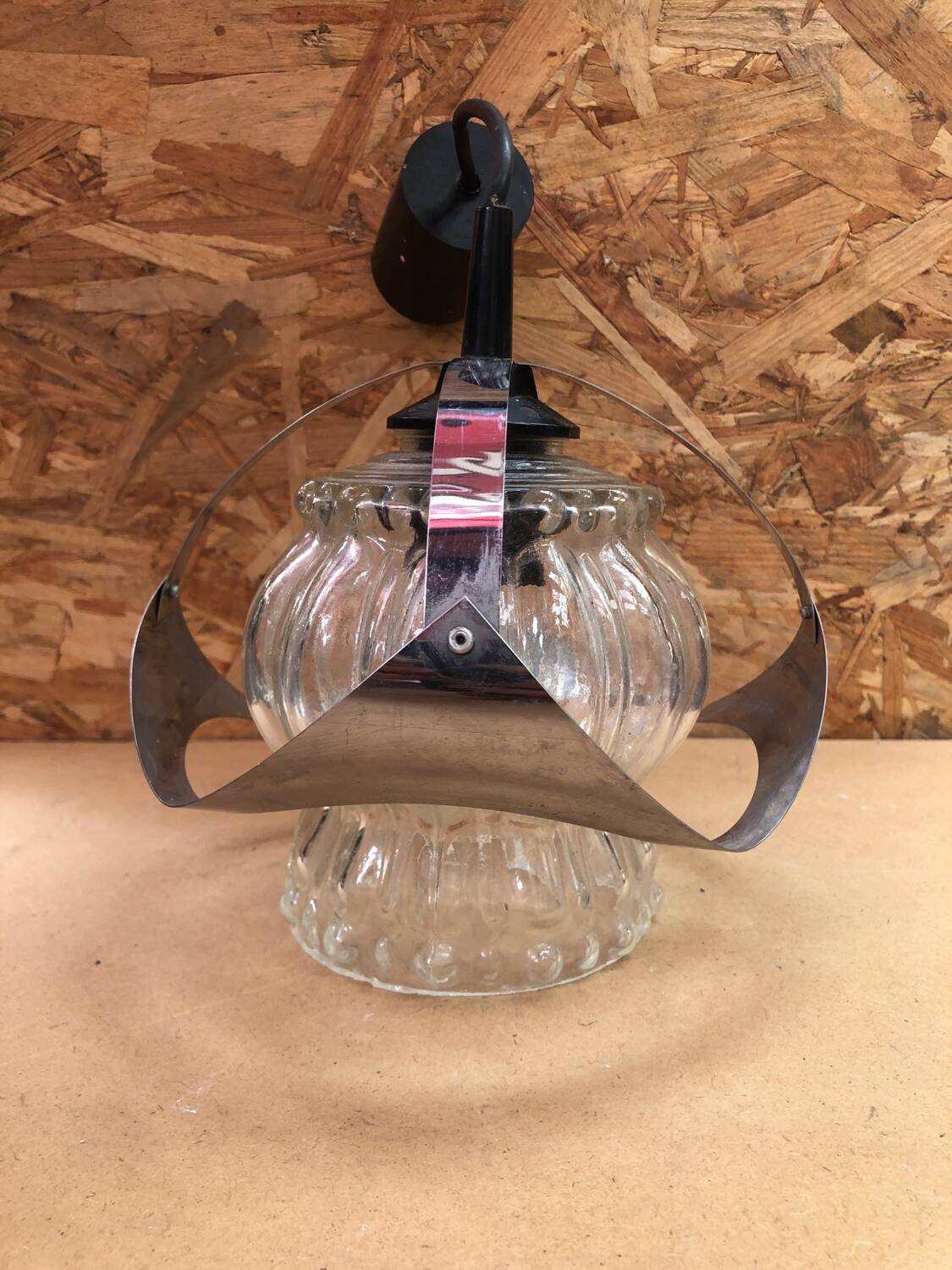 Old atomic age pendant lamp chromed metal & molded glass 70's vintage