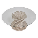 Italian "Flower" Coffee Table in Travertine With Facet-cut Round Plate, 1980s