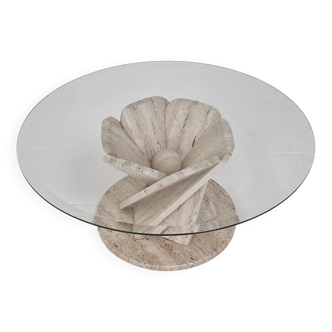 Italian "Flower" Coffee Table in Travertine With Facet-cut Round Plate, 1980s