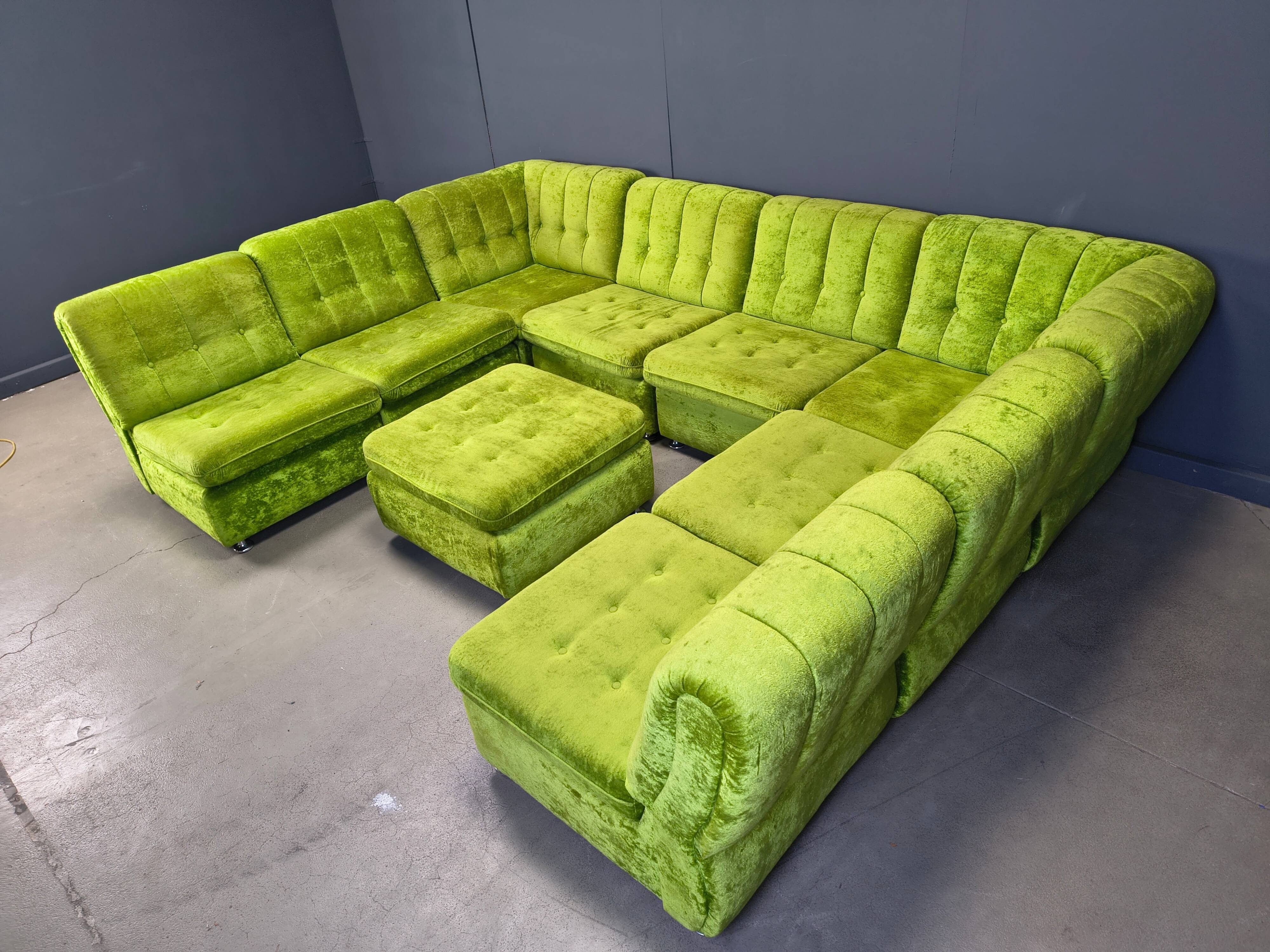 Vintage green velvet modular sofa set, 1970s