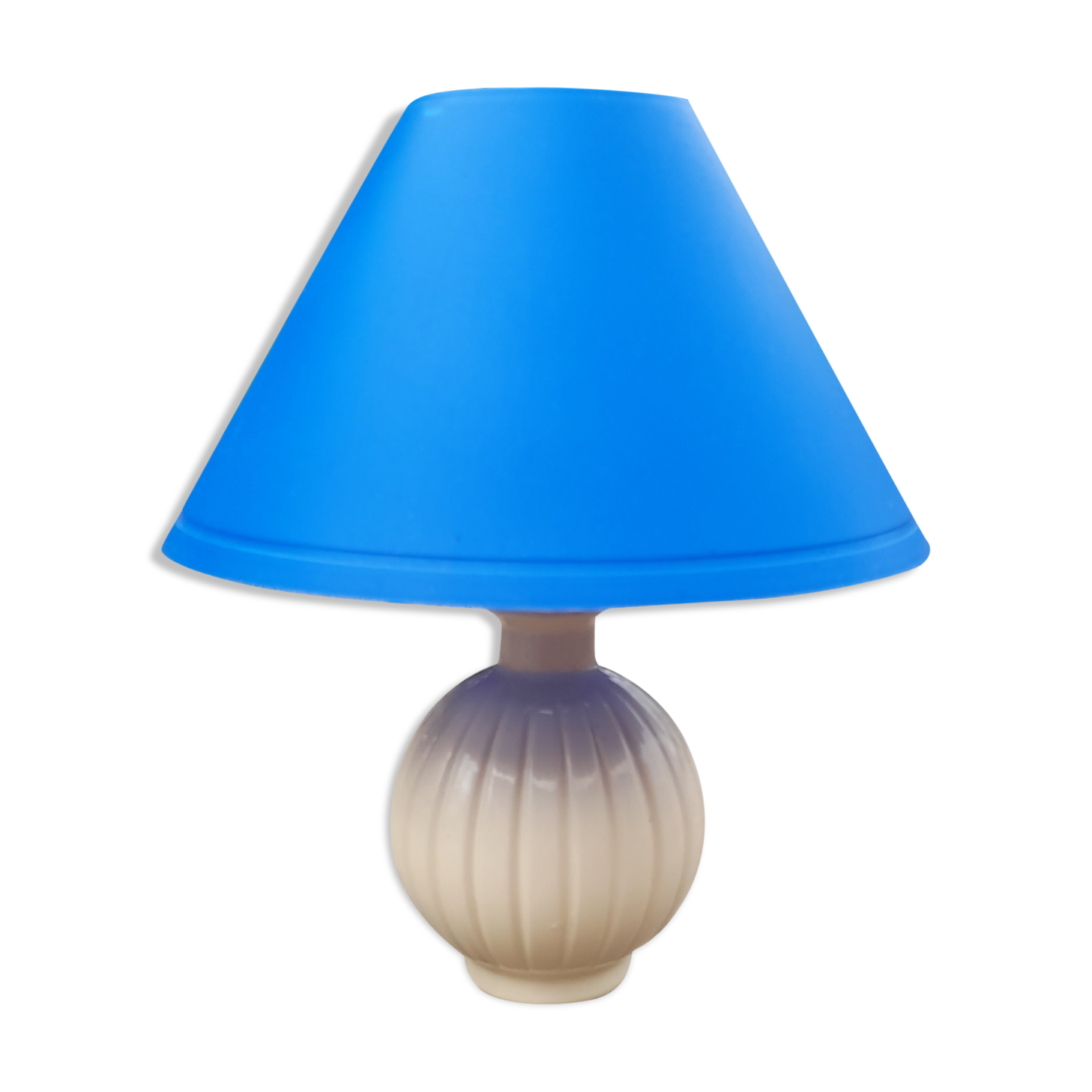 Bedside lamp, ceramic ball foot cream, blue lampshade, circa 70's