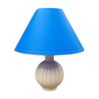 Bedside lamp, ceramic ball foot cream, blue lampshade, circa 70's