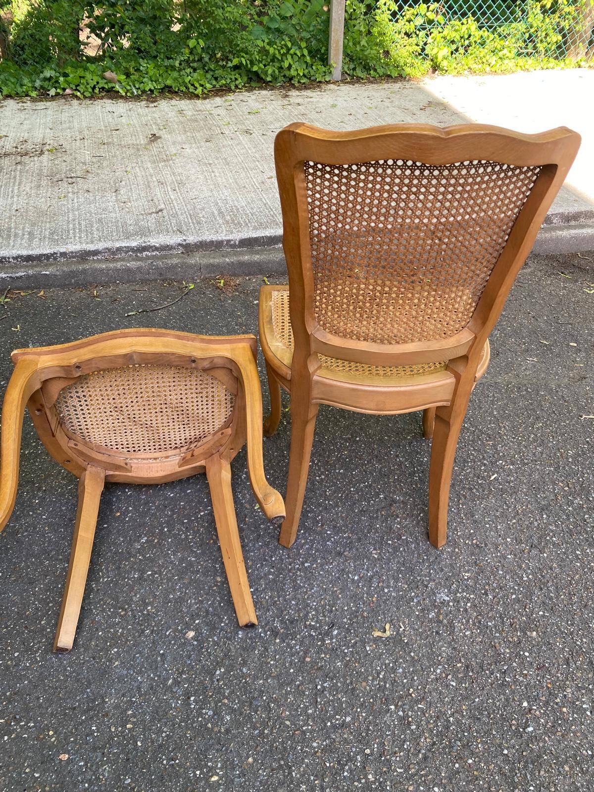 4 Louis XV dining chairs in light solid oak with caning.