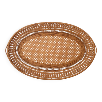 Panier vintage en rotin tissé à la main, tissage en dentelle ouverte, plat à bibelots en osier