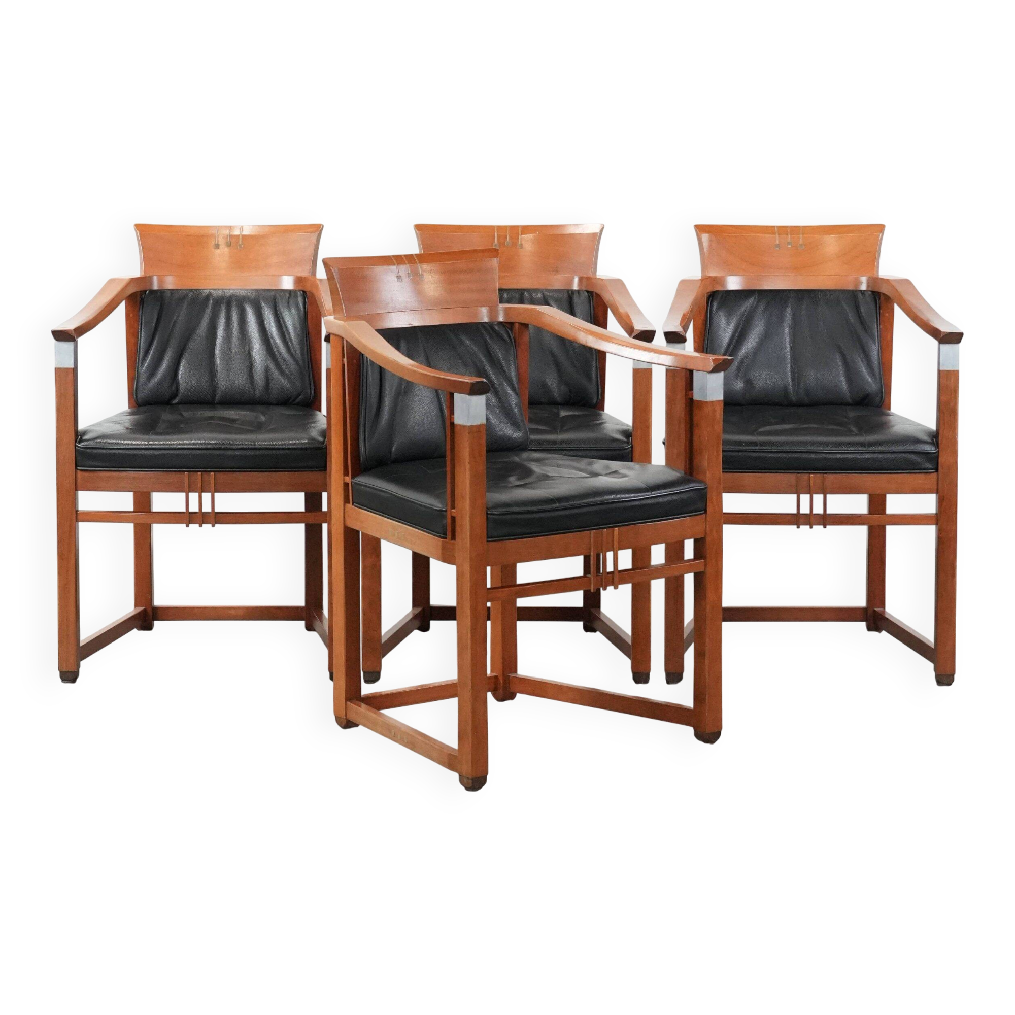 Set of 4 luxury black leather Art Deco dining chairs with armrests