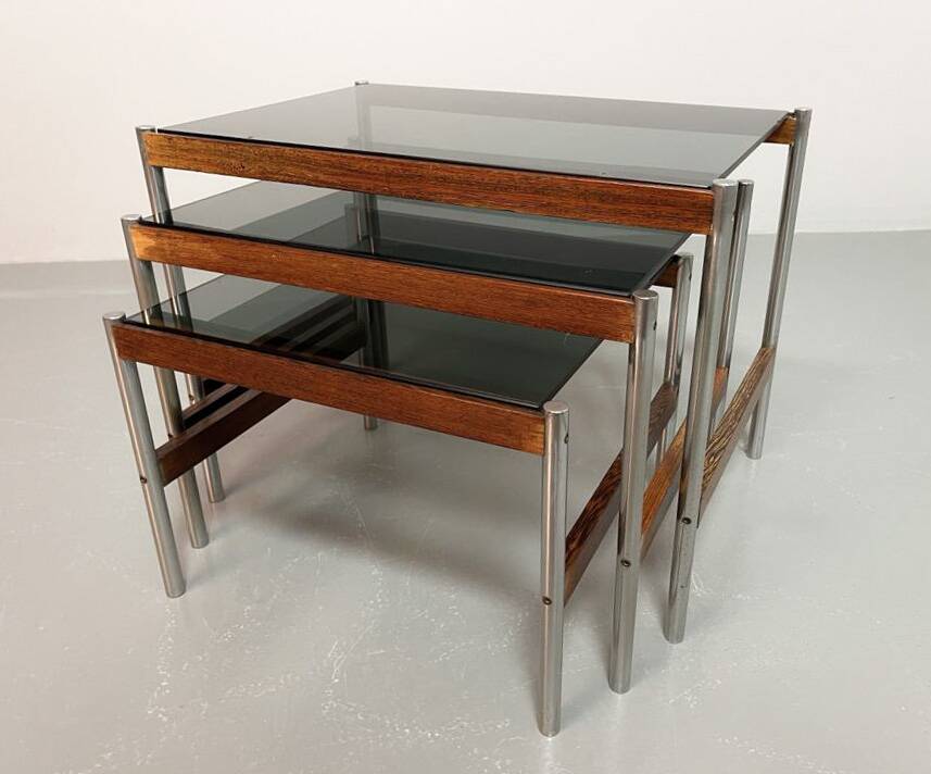3 Fristho Dutch Design Nesting Tables with Smokey Glass Top Wenge Frame 60s